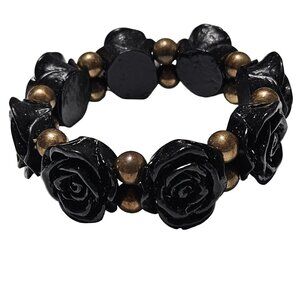 Elegant Carved Black Rose Stretch Bracelet Gold Beads Fashion Jewelry Women